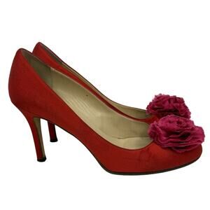 Kate Spade NY Red Satin Pumps 7.5B Made in Italy Floral Toe Accent Classic Heels